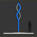 Blue Twisted Light Pole on White Square Base with Grass and Human Figure