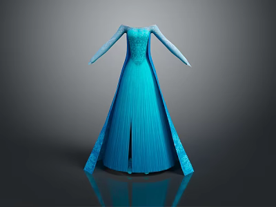 Elegant Blue Formal Gown with Long Sleeves and Pleated Flowing Design 3d model