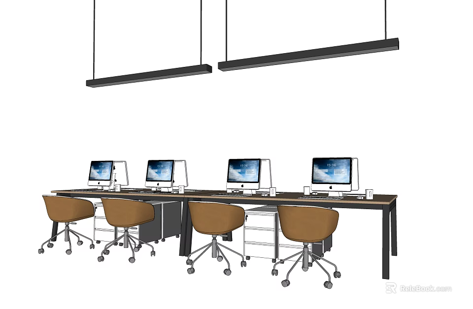 Modern Office Desk Setup With Computer Monitors Brown Wheeled Chairs And Hanging Lights 3d model
