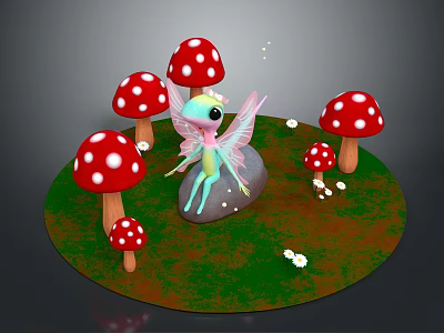 Magical Fairy Sitting On Stone With Red White Spotted Mushrooms And Green Grass 3d model