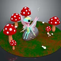 Magical Fairy Sitting On Stone With Red White Spotted Mushrooms And Green Grass