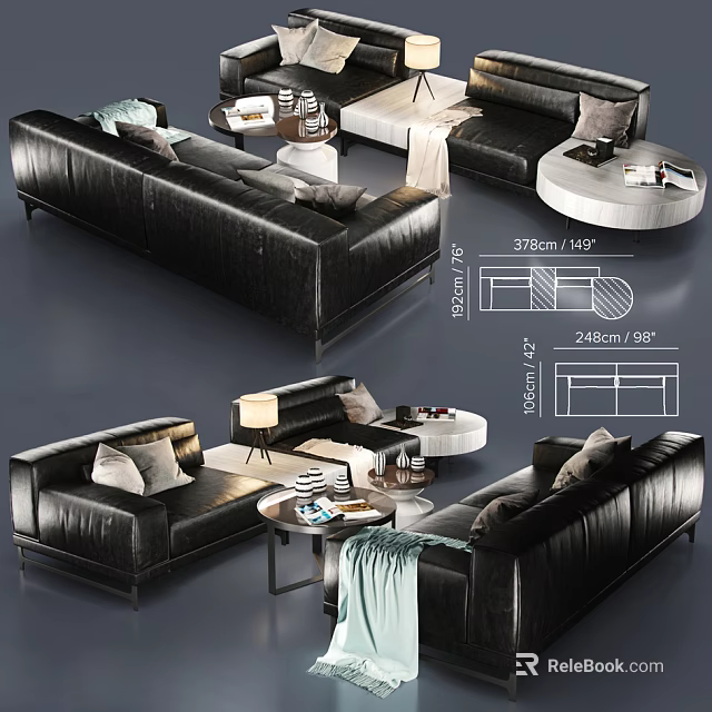 Modern Black Leather Sofa Coffee Table Set With Round Square Coffee Tables And Decorative Items 3d model