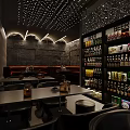 Modern Bar Interior With Stone Walls Drinks Shelves Tables And Ambient Lighting