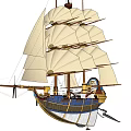 Decorative Model Sailing Ship With White Sails Wooden Hull And Blue Accents