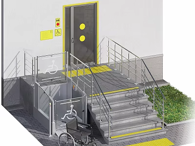 Accessible Building Entrance With Wheelchair Ramp Stairs Handrails And Sign 3d model
