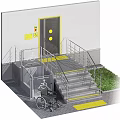 Accessible Building Entrance With Wheelchair Ramp Stairs Handrails And Sign