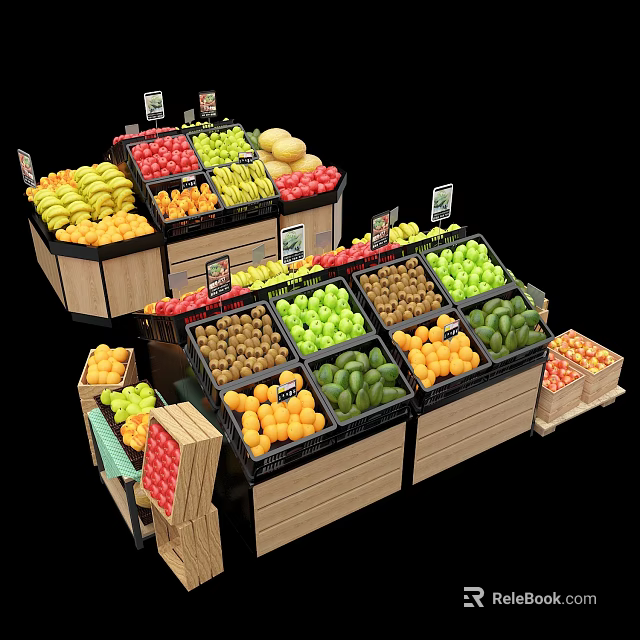 Fruit Display Shelves with Fresh Colorful Fruits Organized on Wooden Racks for Retail Store 3d model 