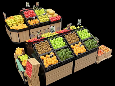 Fruit Display Shelves with Fresh Colorful Fruits Organized on Wooden Racks for Retail Store 3d model
