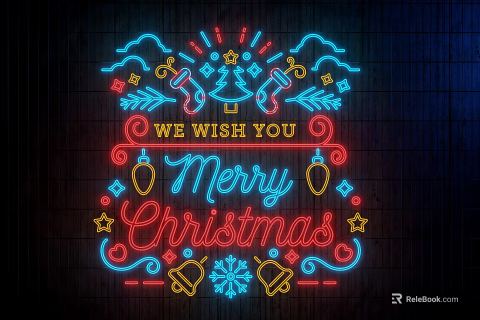 Neon Decorative Lights With Merry Christmas Greeting Bells And Snowflakes 3d model 