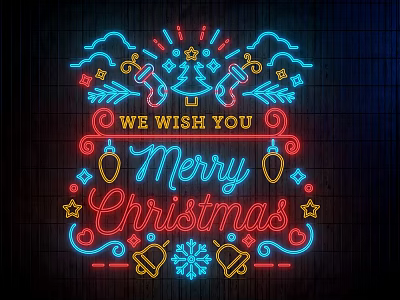Neon Decorative Lights With Merry Christmas Greeting Bells And Snowflakes 3d model