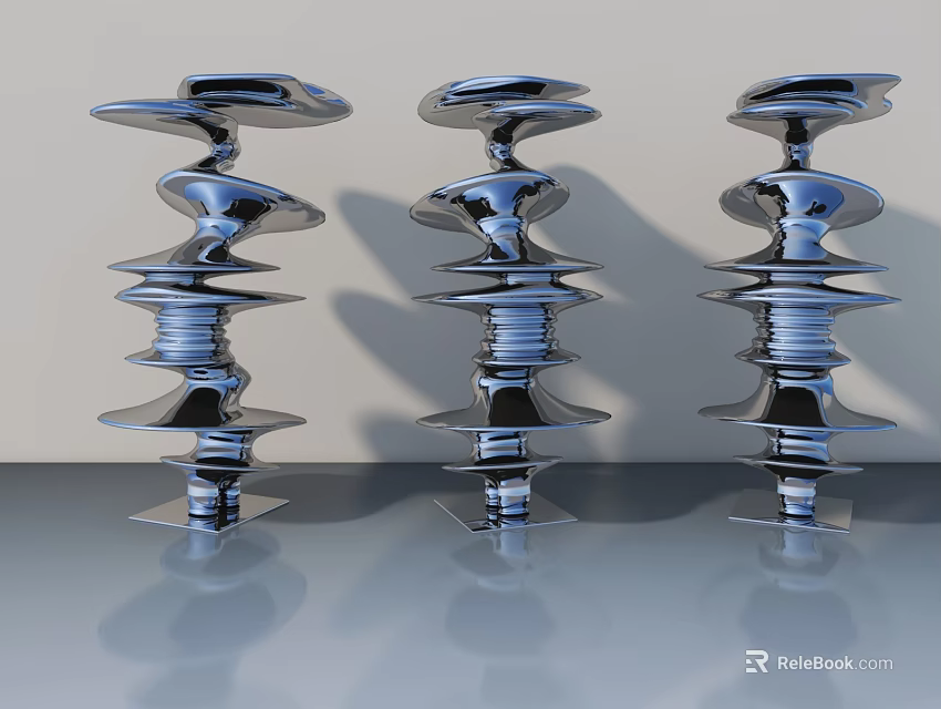 Three Modern Silver Swing Doors With Reflective Metal Decorative Design 3d model