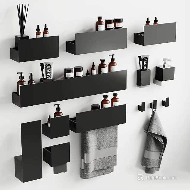 Modern Bathroom Accessories With Black Shelves Towel Racks And Toiletries 3d model 