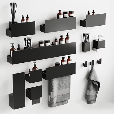 Modern Bathroom Accessories With Black Shelves Towel Racks And Toiletries 3d model