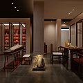 Traditional Chinese Teahouse Interior With Wooden Table Lattice Screens Green Plants And Hanging Scrolls