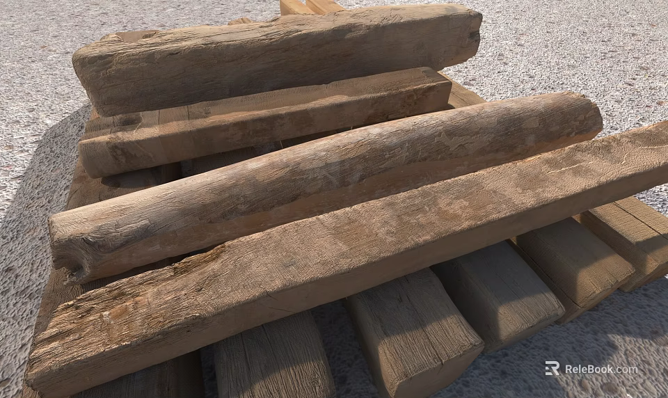 Rough Stone And Wood Logs Stacked For Natural Building Material 3d model 