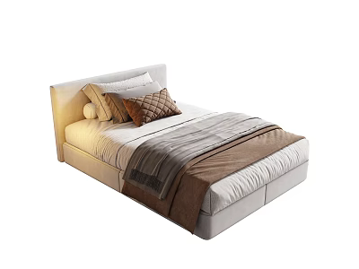 Single Bed with Modern Design White Headboard Brown Pillows and Striped Blanket 3d model