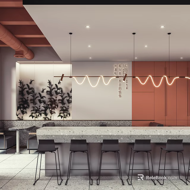 Modern Restaurant Interior With Wavy Hanging Lights Counter Plant Wall And Gray Chairs 3d model 
