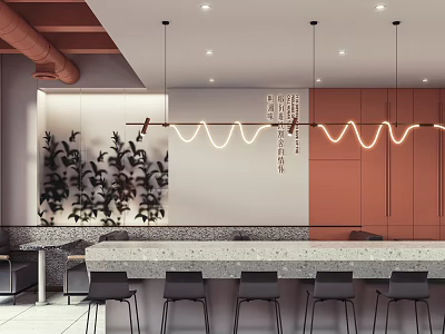 Modern Restaurant Interior With Wavy Hanging Lights Counter Plant Wall And Gray Chairs 3d model