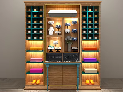 Modern Retail Display Cabinet Shelving with Layered Shelves Colored Towels Shoes and Warm Lighting 3d model