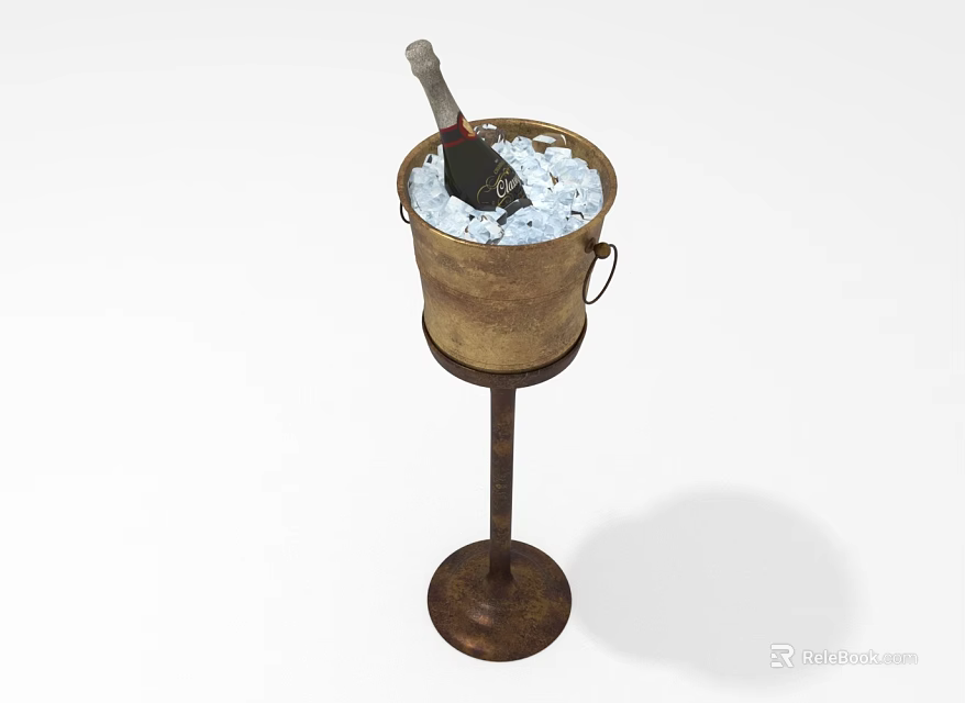 Metal Ice Bucket With Stand Holding Champagne Bottle And Ice Cubes 3d model 