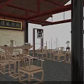 Chinese Style Cultural Center Interior With Wooden Tables Chairs And Traditional Decorations
