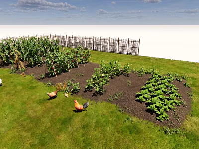 Lush Vegetable Garden With Chickens Green Plants And Wooden Fence 3d model
