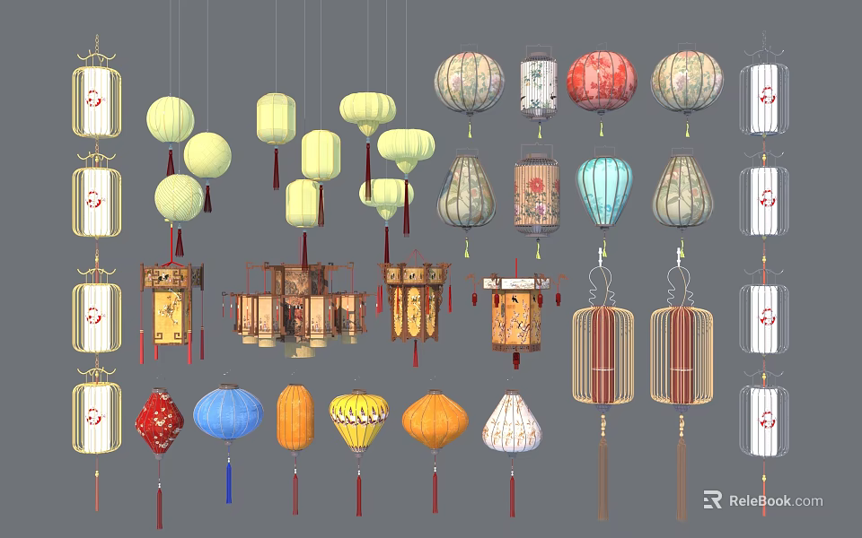 Assorted Decorative Lanterns with Traditional and Modern Designs in Various Colors 3d model 