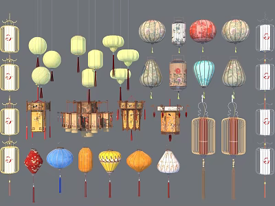Assorted Decorative Lanterns with Traditional and Modern Designs in Various Colors 3d model