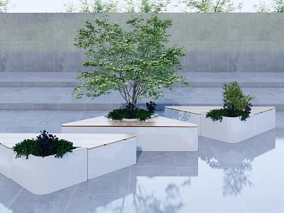 White Square Landscape Seats With Green Plants Grey Wall And Reflective Smooth Floor 3d model