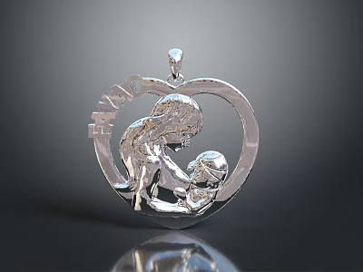 Silver Heart Shaped Fashion Jewelry Pendant With Mother And Child Design And MOM Lettering 3d model