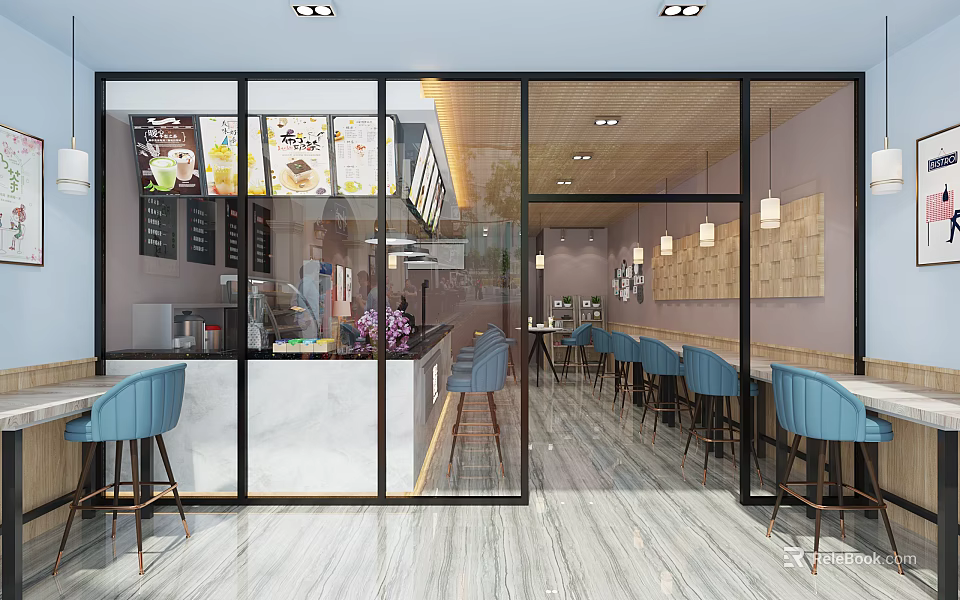 Modern Milk Tea Shop Interior With Glass Windows Blue Chairs Marble Countertop And Wooden Decor 3d model 