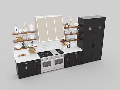 Modern Kitchen Interior With Black Cabinets White Countertop Oven Wooden Shelves And Mirror 3d model