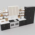 Modern Kitchen Interior With Black Cabinets White Countertop Oven Wooden Shelves And Mirror