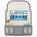 Modern Gray TV Stand With TV Screen Decorative Vases And Storage Drawers