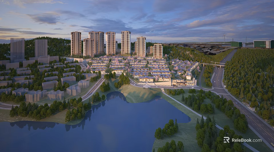 Scenic Detached Villas with Lake View Green Trees and Nearby High Rise Buildings 3d model 