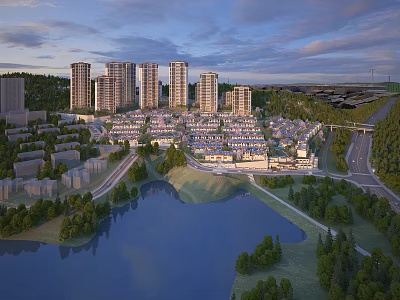 Scenic Detached Villas with Lake View Green Trees and Nearby High Rise Buildings 3d model