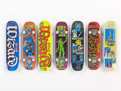 Colorful Skateboard Decks With Vibrant Graphics And Retro Designs Displayed In Row 3d model