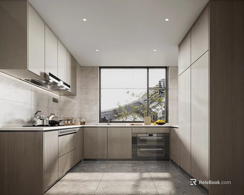 Modern Kitchen Interior With Light Wood Cabinets White Countertops Window Green Plants And Built-in Appliances 3d model 