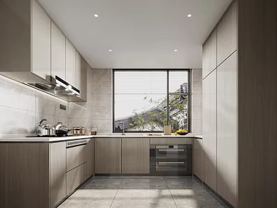 Modern Kitchen Interior With Light Wood Cabinets White Countertops Window Green Plants And Built-in Appliances 3d model