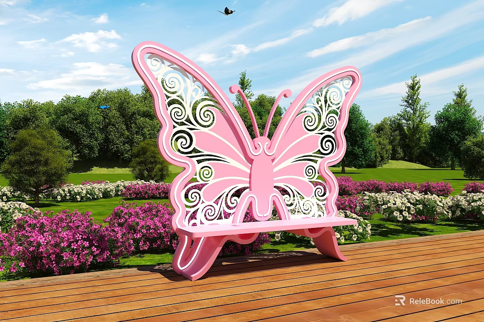 Pink Butterfly Shaped Landscape Seat In Garden With Trees Flowers Wooden Deck Under Blue Sky 3d model 