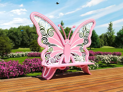 Pink Butterfly Shaped Landscape Seat In Garden With Trees Flowers Wooden Deck Under Blue Sky 3d model