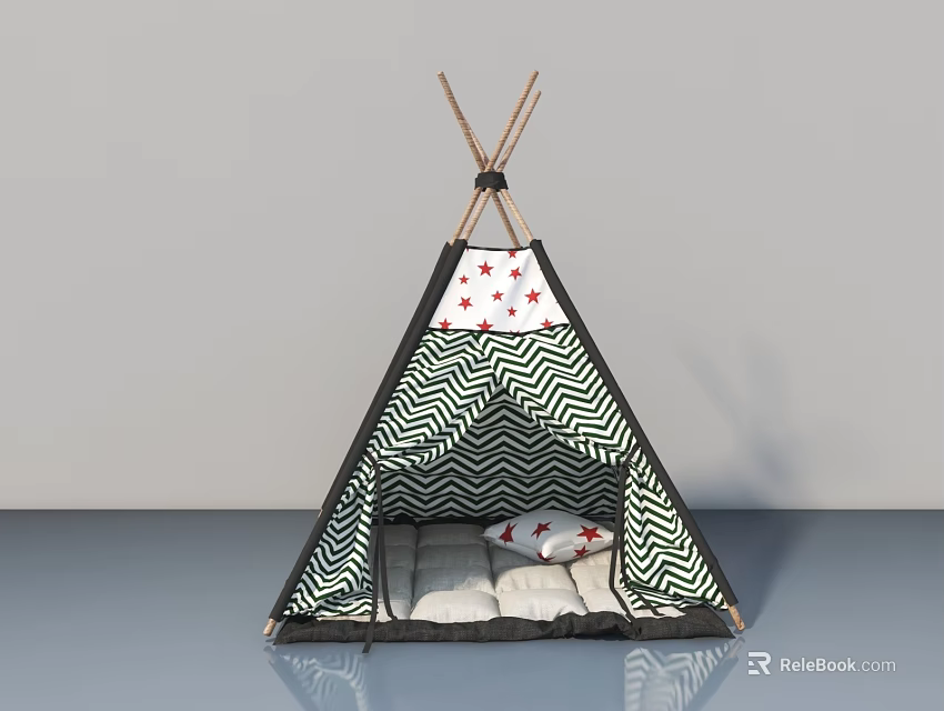 Kids Teepee Tent With Black White Zigzag Pattern Red Stars And Cushions Inside 3d model 