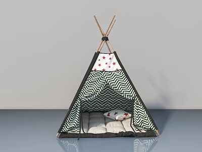 Kids Teepee Tent With Black White Zigzag Pattern Red Stars And Cushions Inside 3d model
