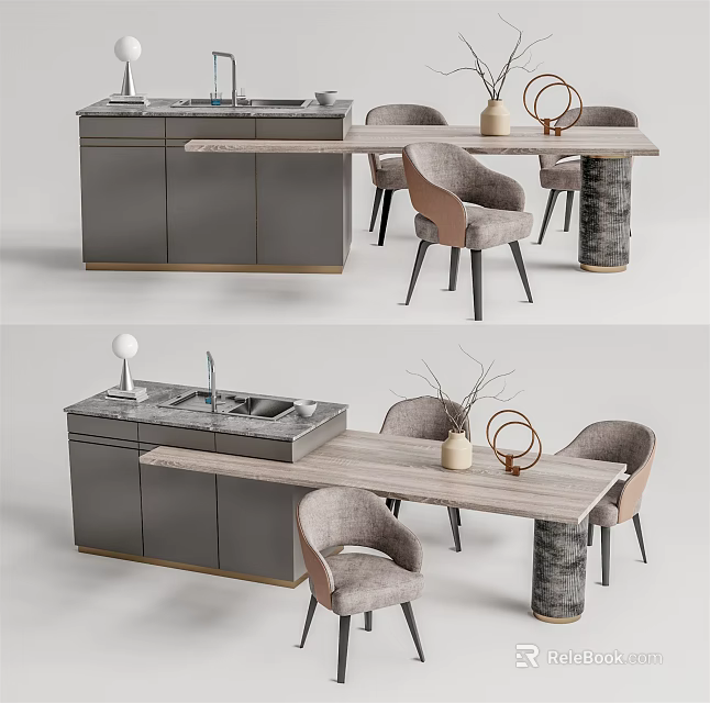 Modern Dining Table Set With Gray Chairs Wooden Top And Stone Legs Decorative Vase 3d model 