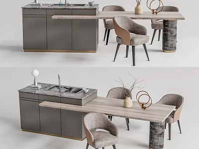 Modern Dining Table Set With Gray Chairs Wooden Top And Stone Legs Decorative Vase 3d model