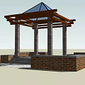 Wooden Landscape Pavilion Featuring Glass Pyramid Roof Stone Seats And Green Plants