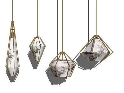 Modern Geometric Pendant Lights With Ink Painting Patterns Metal Frames And Transparent Shades 3d model