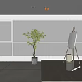 Modern Interior Space With Vertical Striped White Curtains Green Plant And Easel Near Window