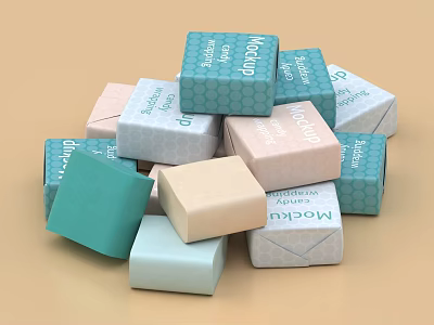 Assorted Stacked Macaron Packages With Different Pastel Colors And Brand Labels 3d model