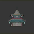 Cartoon Scene of Traditional Chinese Architecture with Blue Curved Roof Red Pillars and Colorful Decorations